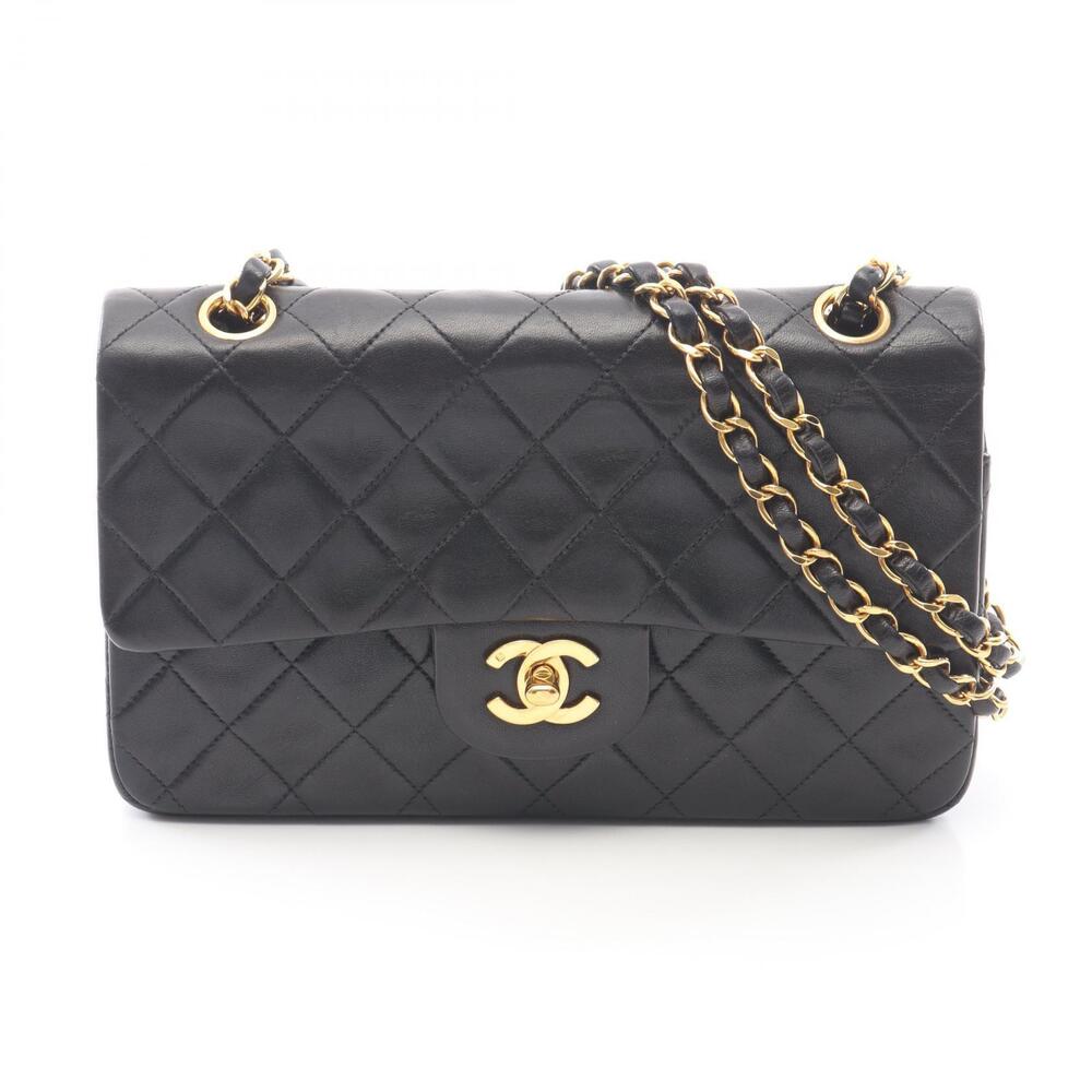 Chanel Matelasse Double Flap Shoulder Bag Lambskin Sheepskin Black